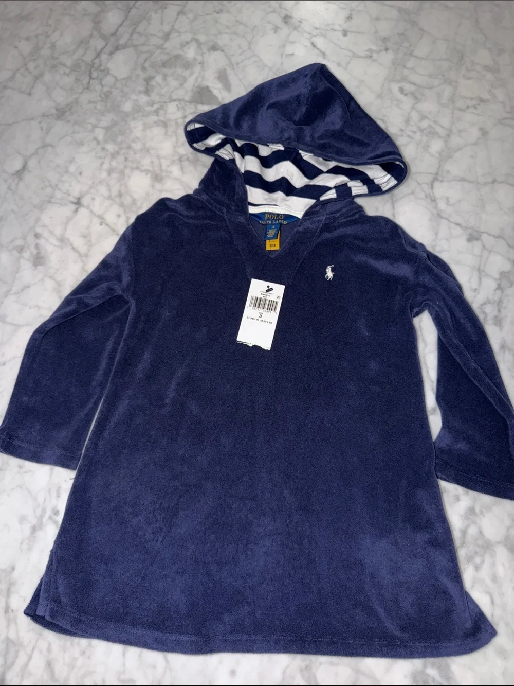 NWT Polo by Ralph Lauren Navy Hooded Terry with Striped Hood Lining 3Y